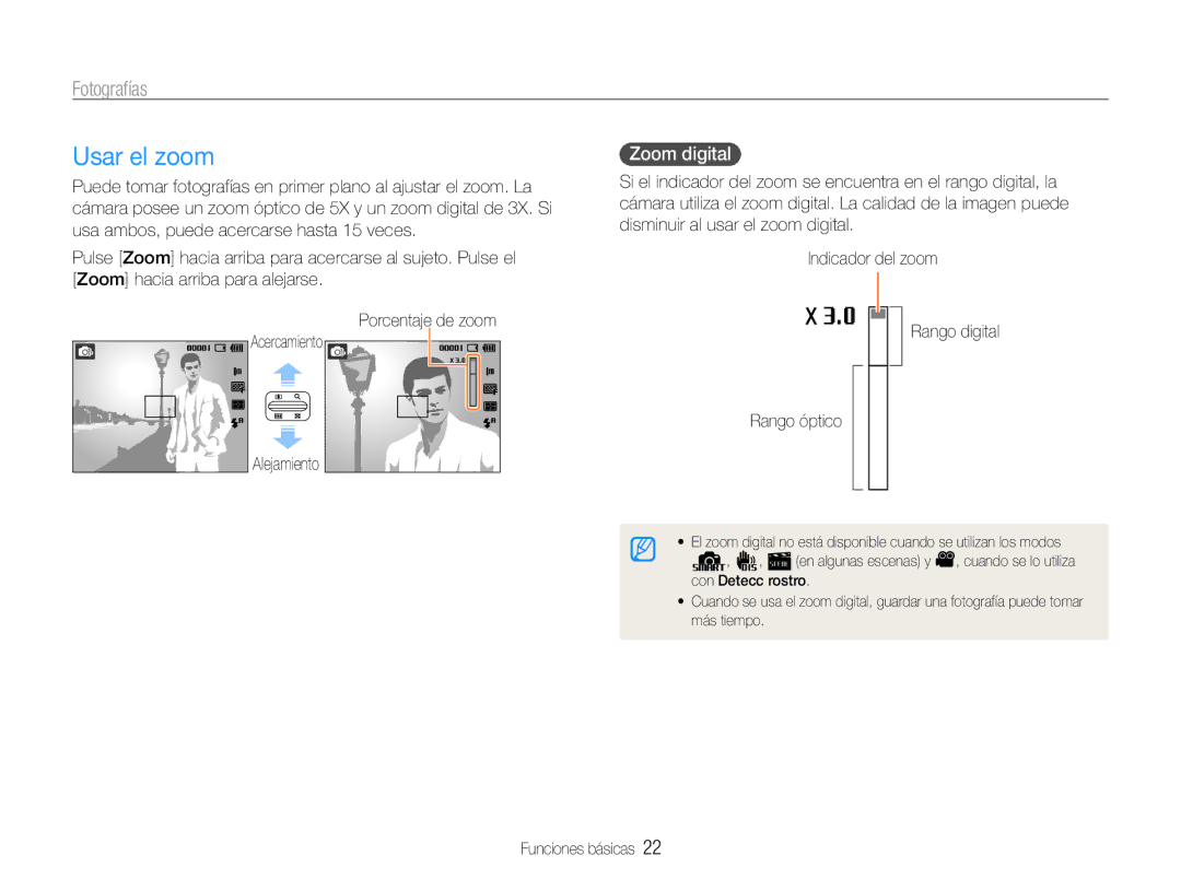 Samsung EC-ES30ZZBABE3, EC-ES30ZZBABE1, EC-ES30ZZBASE1, EC-ES30ZZBASE3 manual Usar el zoom, Fotografías, Zoom digital 