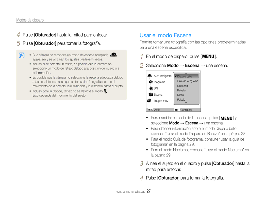 Samsung EC-ES30ZZBABE1, EC-ES30ZZBASE1, EC-ES30ZZBASE3 Usar el modo Escena, Modos de disparo, Para una escena específica 