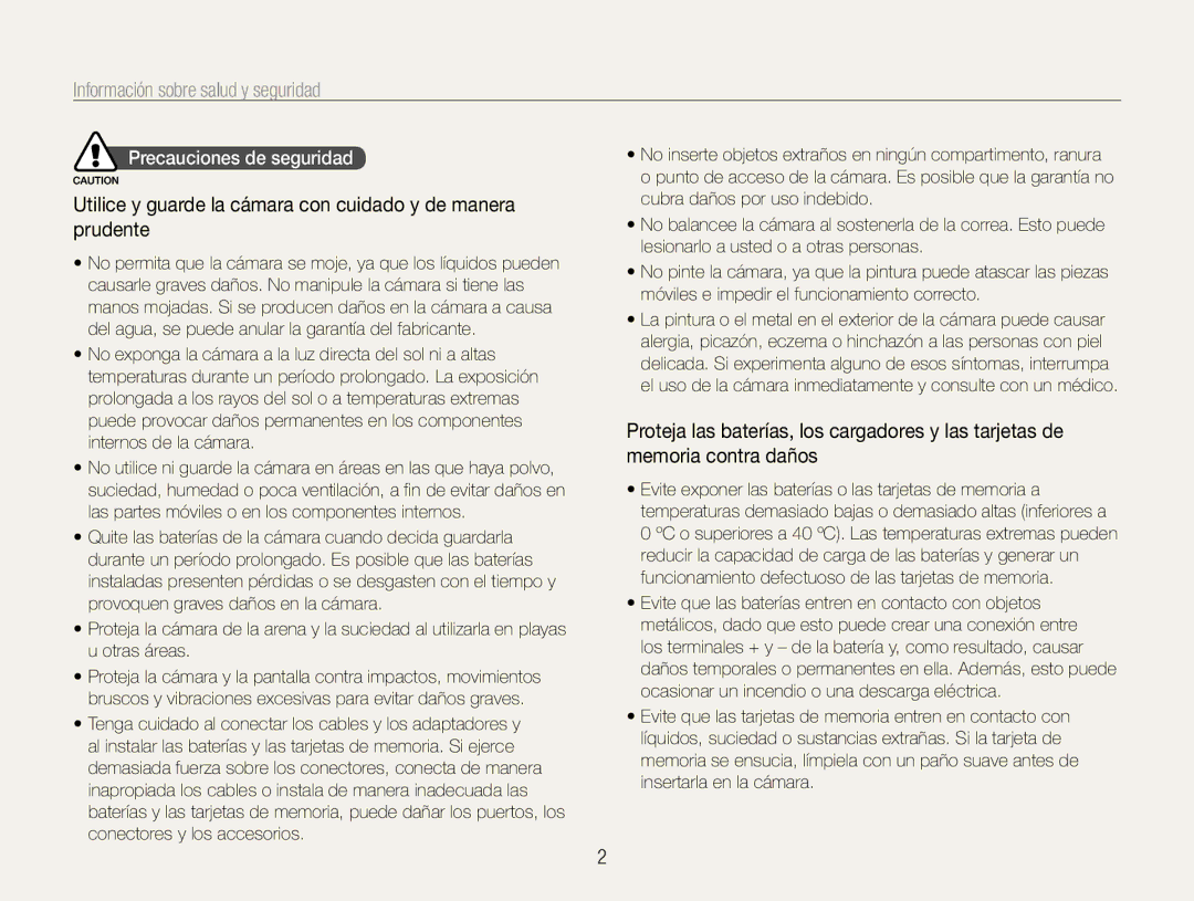 Samsung EC-ES30ZZBABE3 Información sobre salud y seguridad, Utilice y guarde la cámara con cuidado y de manera prudente 