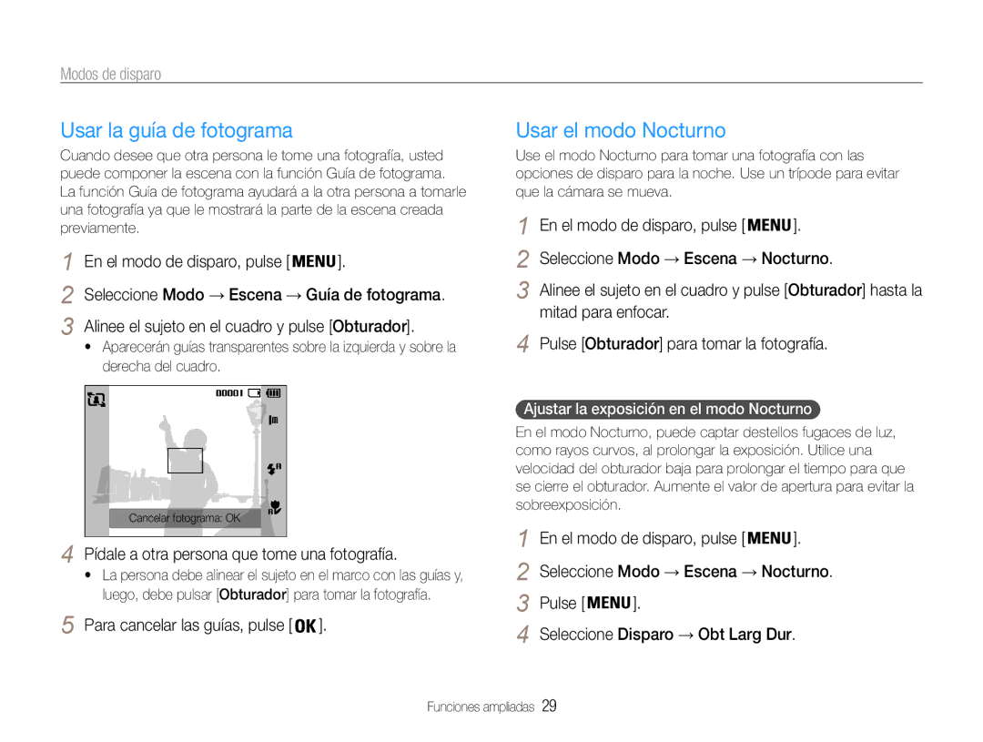 Samsung EC-ES30ZZBASE3 Usar la guía de fotograma, Usar el modo Nocturno, Pídale a otra persona que tome una fotografía 