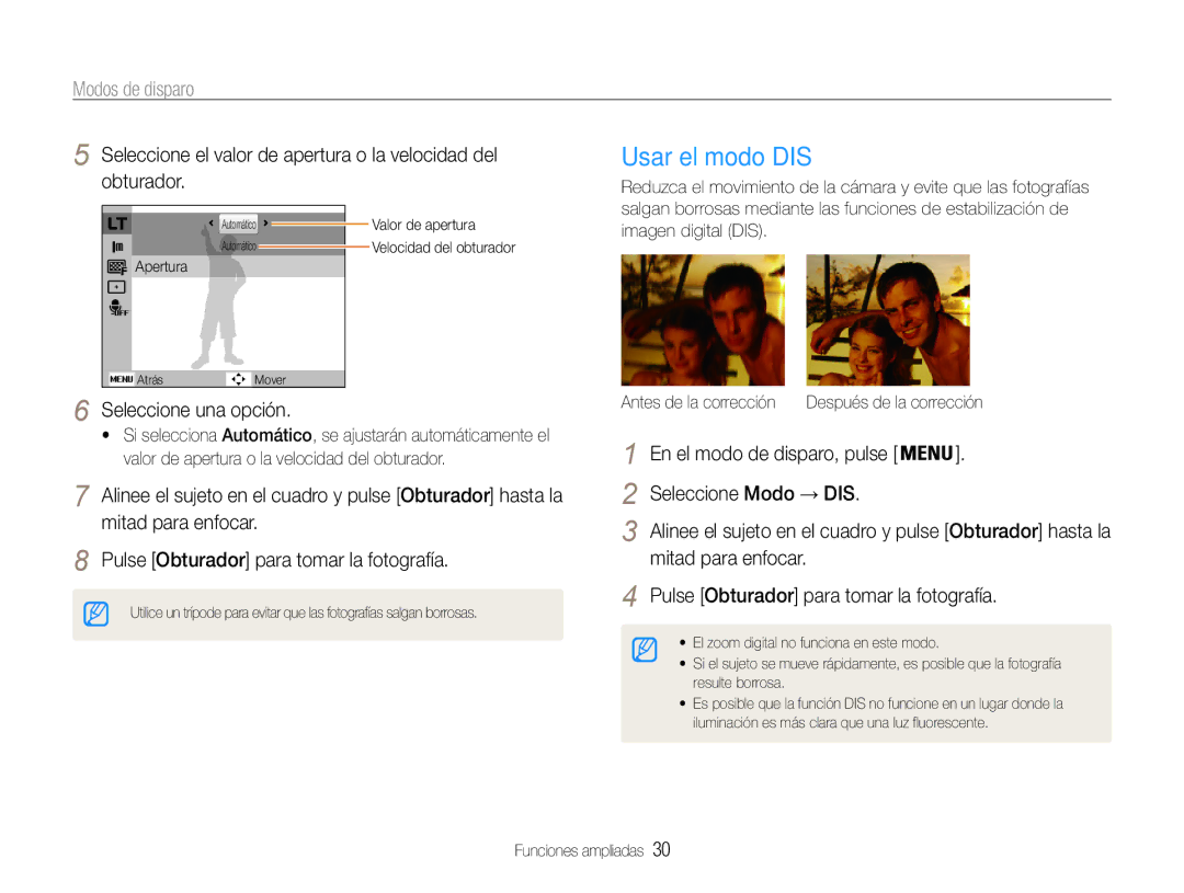 Samsung EC-ES30ZZBABE3 manual Usar el modo DIS, Seleccione una opción, En el modo de disparo, pulse Seleccione Modo → DIS 