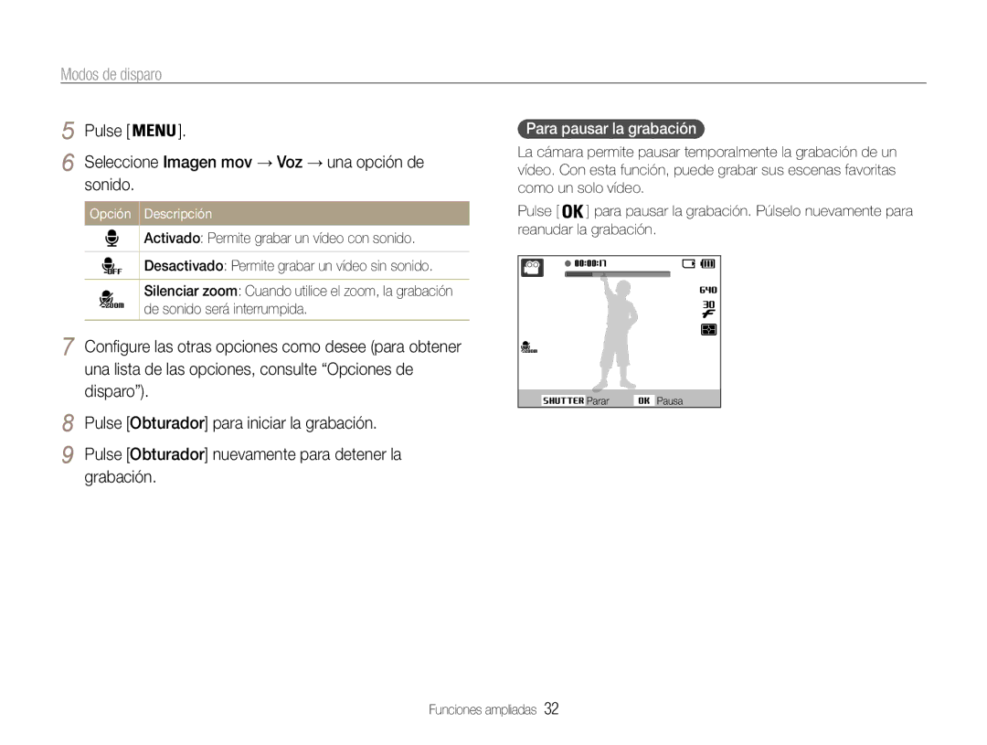 Samsung EC-ES30ZZBASE1, EC-ES30ZZBABE1 manual Para pausar la grabación, Seleccione Imagen mov → Voz → una opción de, Opción 