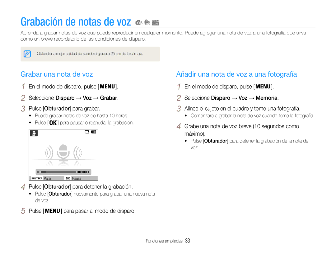 Samsung EC-ES30ZZBASE3 manual Grabación de notas de voz, Grabar una nota de voz, Añadir una nota de voz a una fotografía 