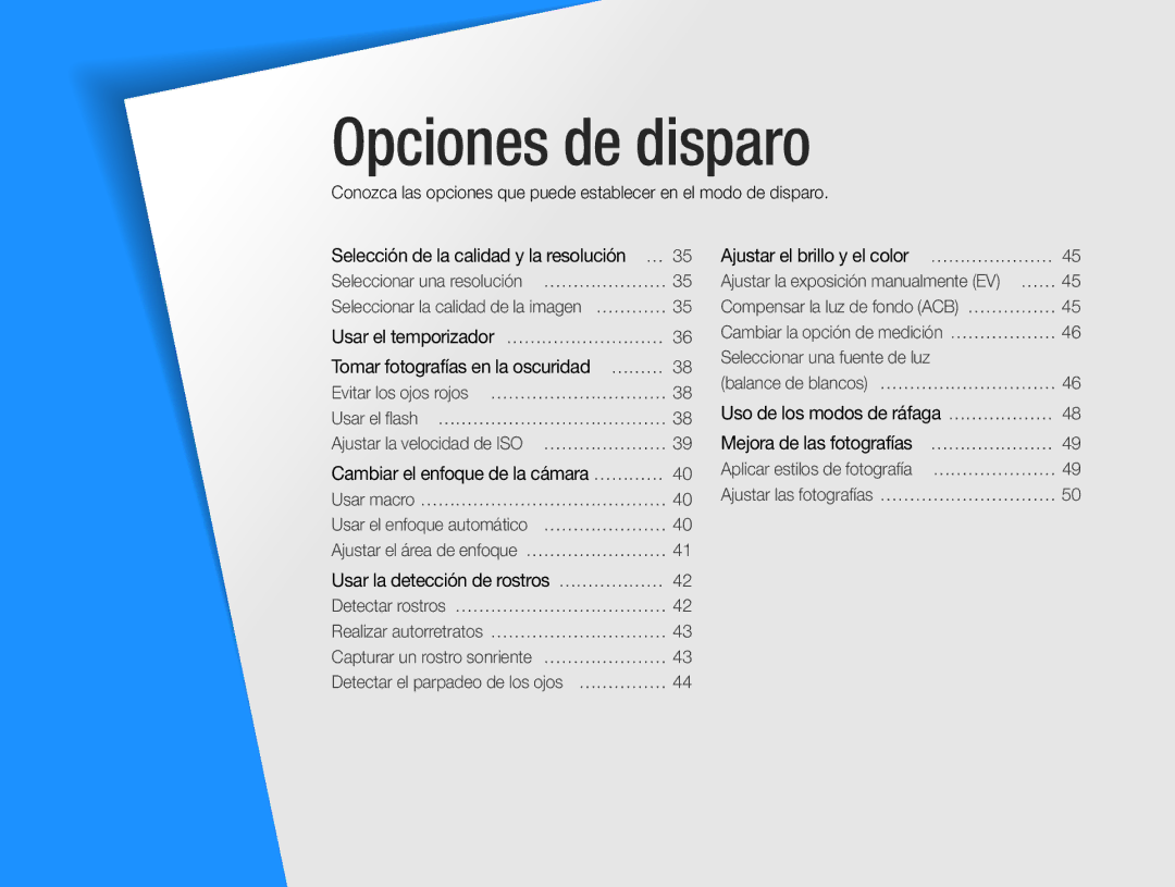 Samsung EC-ES30ZZBABE3, EC-ES30ZZBABE1, EC-ES30ZZBASE1, EC-ES30ZZBASE3 manual Opciones de disparo 