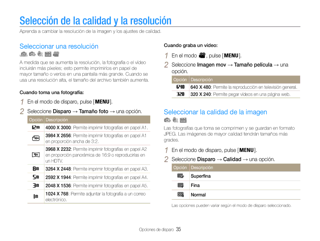 Samsung EC-ES30ZZBABE1 Selección de la calidad y la resolución, Seleccionar una resolución, En el modo , pulse, Opción 