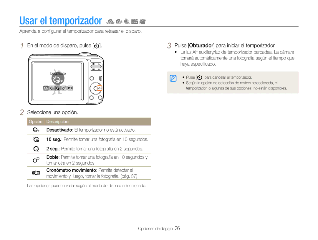 Samsung EC-ES30ZZBASE1, EC-ES30ZZBABE1, EC-ES30ZZBASE3 Usar el temporizador, Pulse Obturador para iniciar el temporizador 