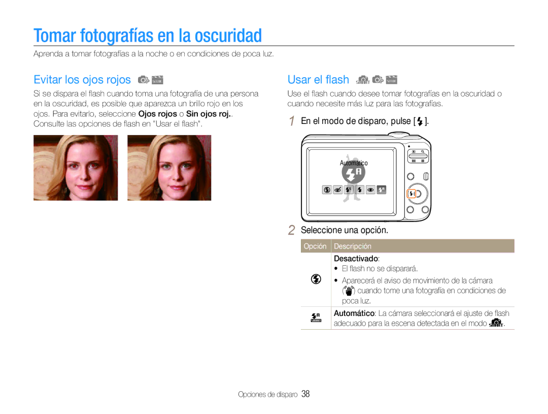Samsung EC-ES30ZZBABE3, EC-ES30ZZBABE1 manual Tomar fotografías en la oscuridad, Evitar los ojos rojos, Usar el flash 
