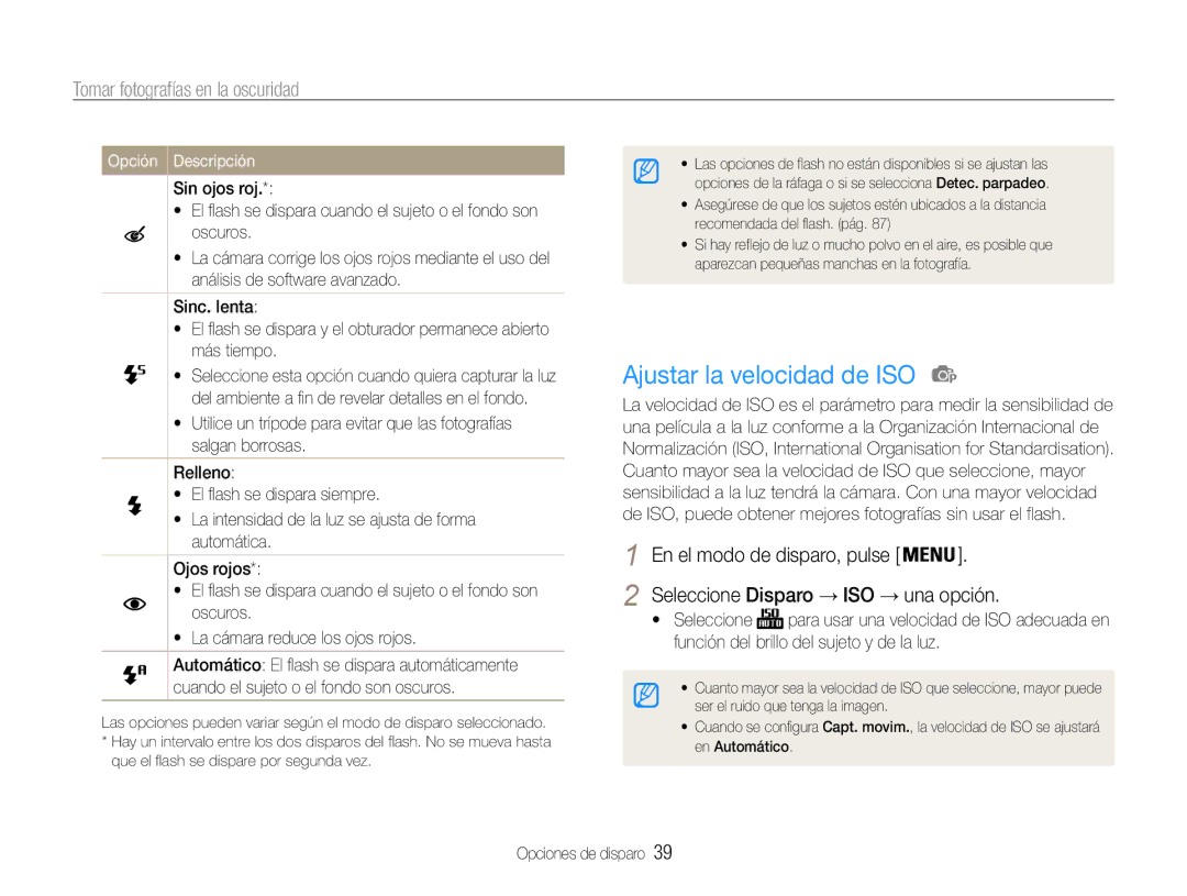 Samsung EC-ES30ZZBABE1, EC-ES30ZZBASE1, EC-ES30ZZBASE3 manual Ajustar la velocidad de ISO, Tomar fotografías en la oscuridad 