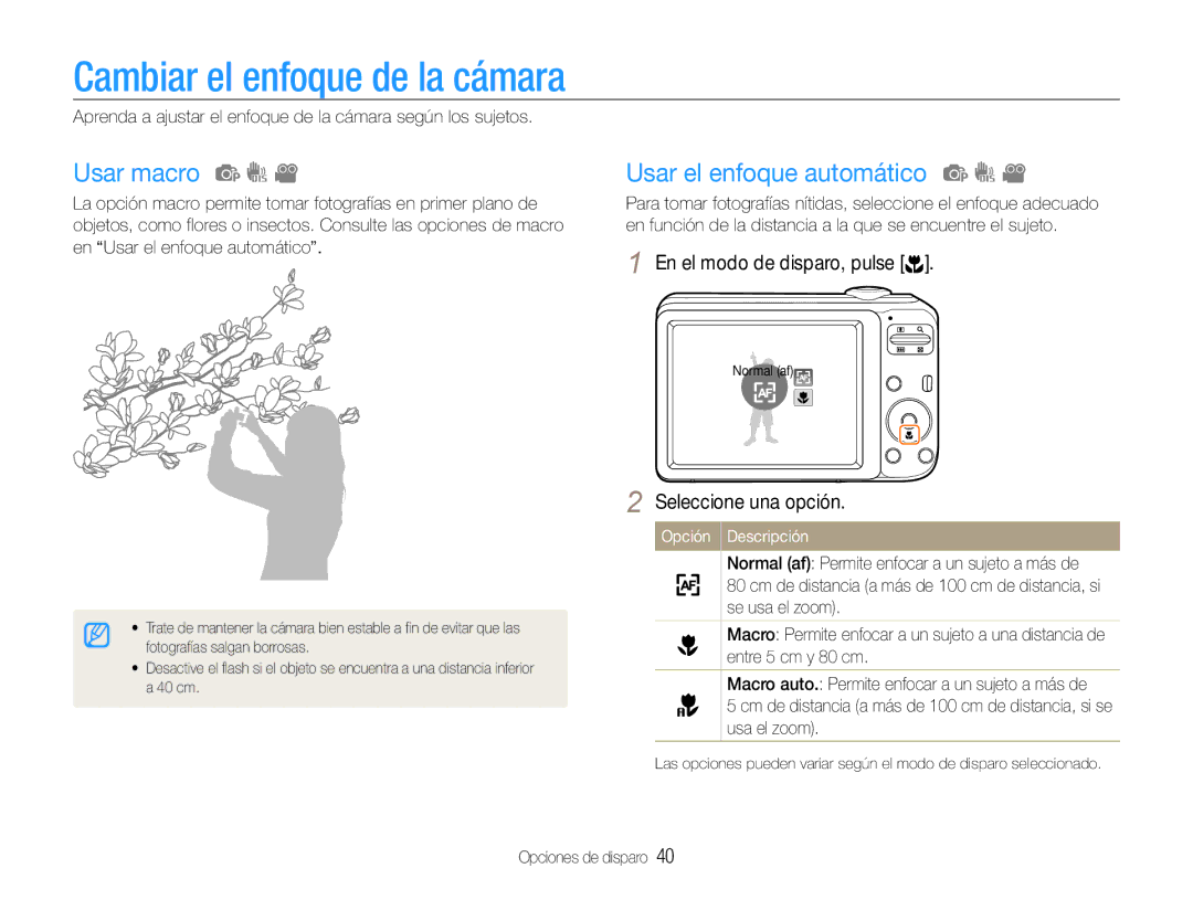 Samsung EC-ES30ZZBASE1, EC-ES30ZZBABE1 manual Cambiar el enfoque de la cámara, Usar macro, Usar el enfoque automático 