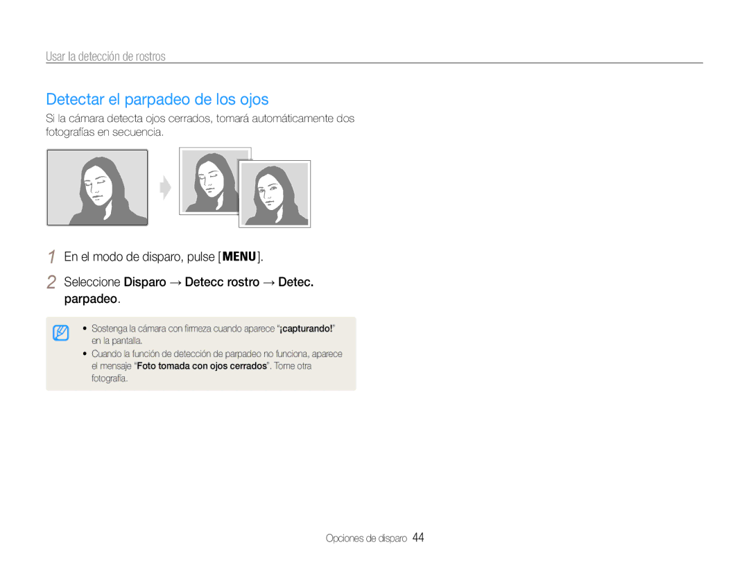 Samsung EC-ES30ZZBASE1 manual Detectar el parpadeo de los ojos, Parpadeo, Seleccione Disparo → Detecc rostro → Detec 
