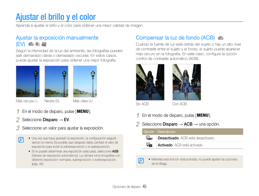 Samsung EC-ES30ZZBASE3 Ajustar el brillo y el color, Ajustar la exposición manualmente EV, Compensar la luz de fondo ACB 