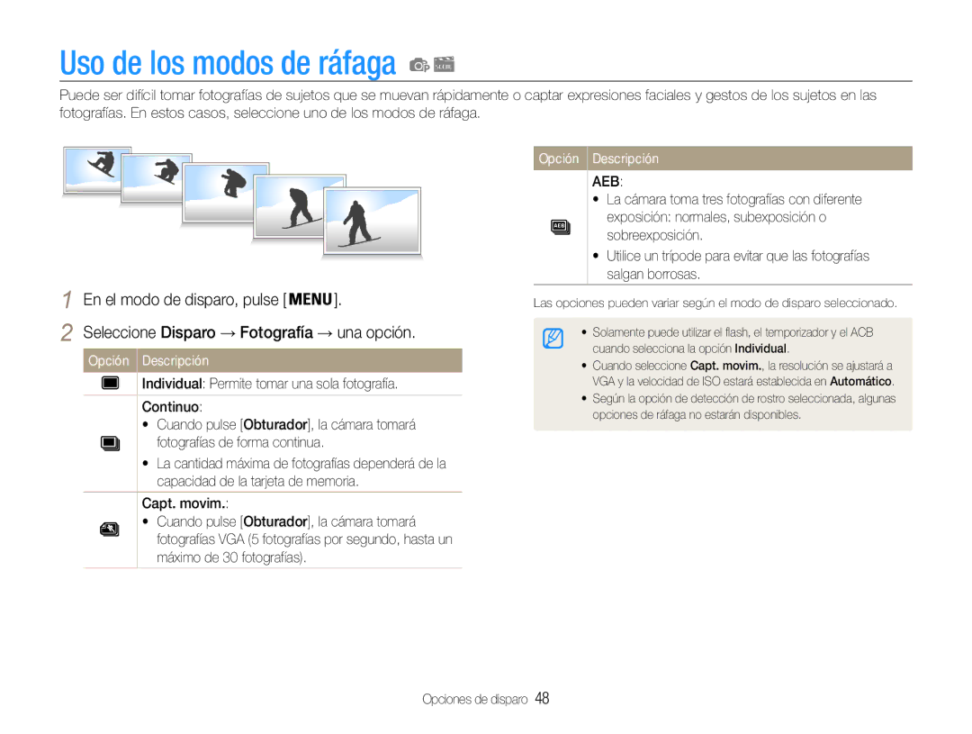 Samsung EC-ES30ZZBASE1, EC-ES30ZZBABE1 manual Uso de los modos de ráfaga, Seleccione Disparo → Fotografía → una opción 