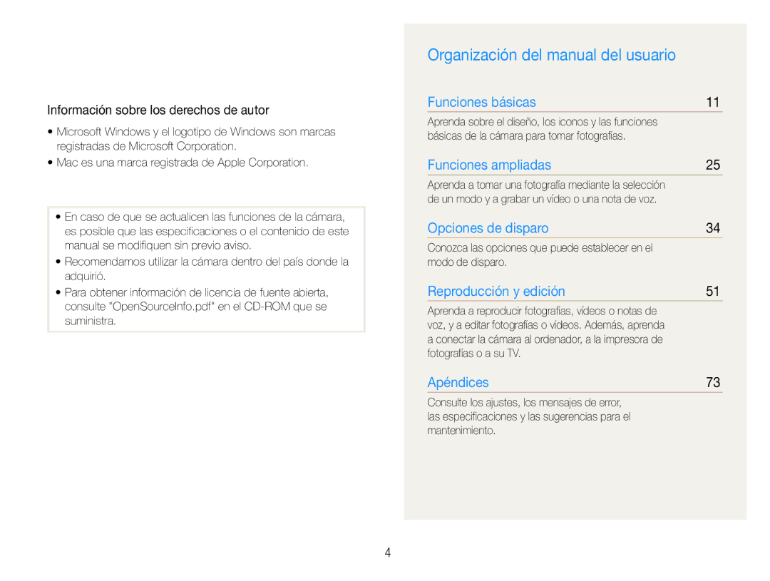 Samsung EC-ES30ZZBASE1 Organización del manual del usuario, Información sobre los derechos de autor, Fotografías o a su TV 