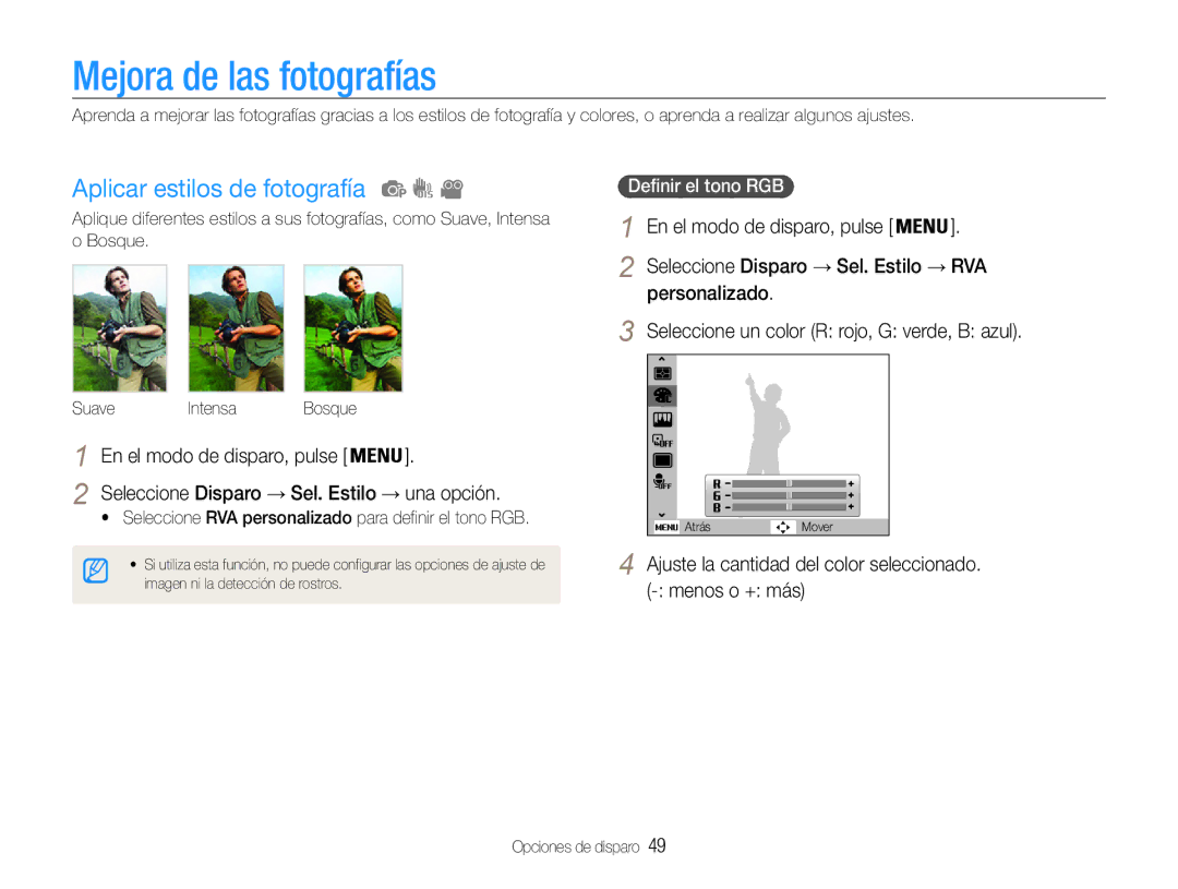 Samsung EC-ES30ZZBASE3, EC-ES30ZZBABE1 manual Mejora de las fotografías, Aplicar estilos de fotografía, Definir el tono RGB 