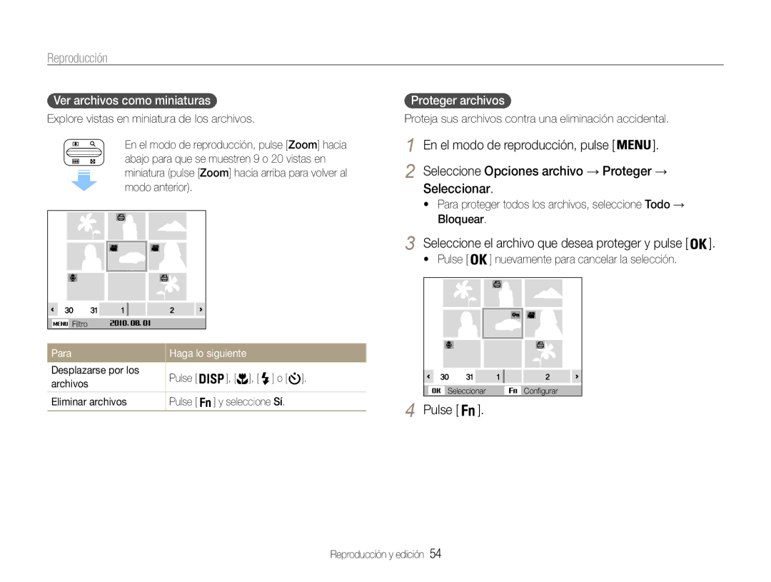 Samsung EC-ES30ZZBABE3 manual Seleccionar, Ver archivos como miniaturas, Proteger archivos, Para Haga lo siguiente 