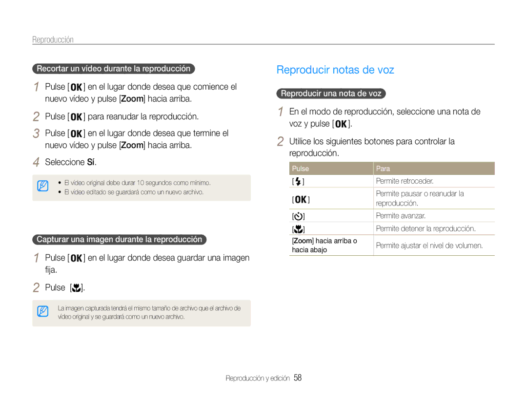 Samsung EC-ES30ZZBABE3 Reproducir notas de voz, Nuevo vídeo y pulse Zoom hacia arriba, Pulse Para reanudar la reproducción 