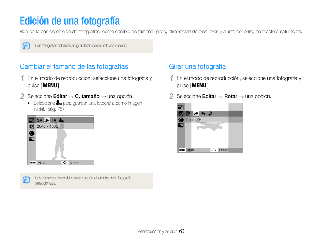 Samsung EC-ES30ZZBASE1 manual Edición de una fotografía, Cambiar el tamaño de las fotografías, Girar una fotografía 