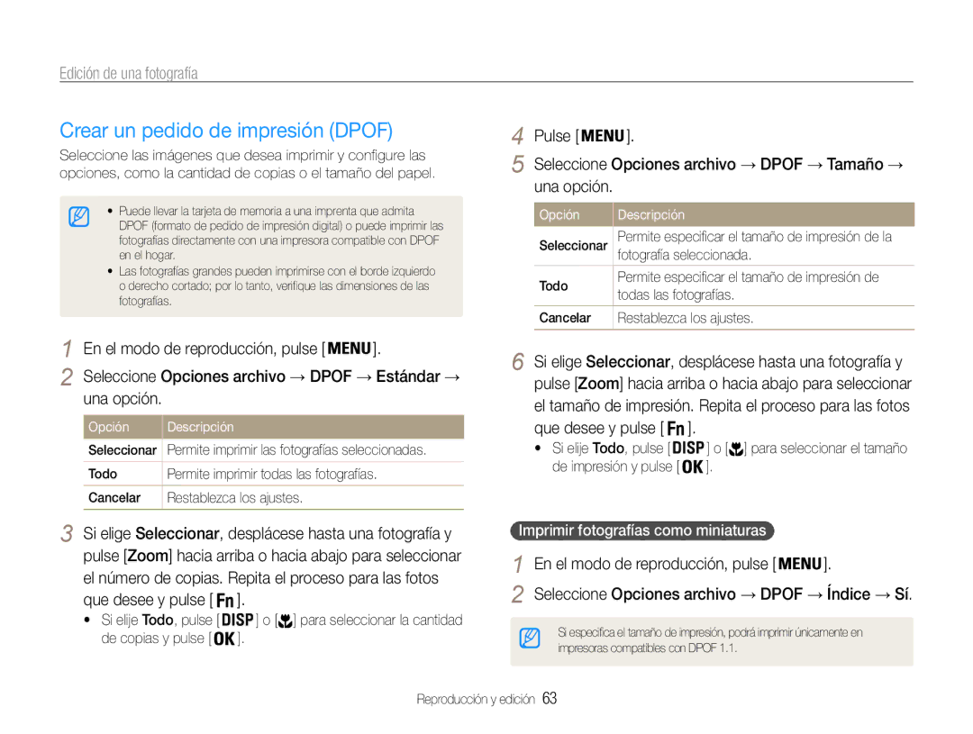 Samsung EC-ES30ZZBABE1, EC-ES30ZZBASE1 manual Crear un pedido de impresión Dpof, Imprimir fotografías como miniaturas 