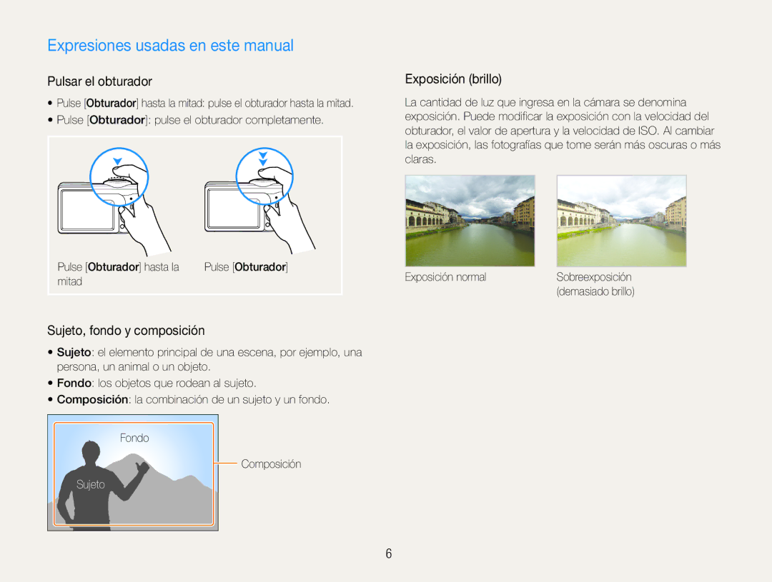 Samsung EC-ES30ZZBABE3, EC-ES30ZZBABE1 Expresiones usadas en este manual, Pulsar el obturador, Sujeto, fondo y composición 