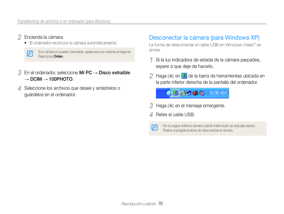 Samsung EC-ES30ZZBABE3, EC-ES30ZZBABE1, EC-ES30ZZBASE1 manual Desconectar la cámara para Windows XP, Encienda la cámara 