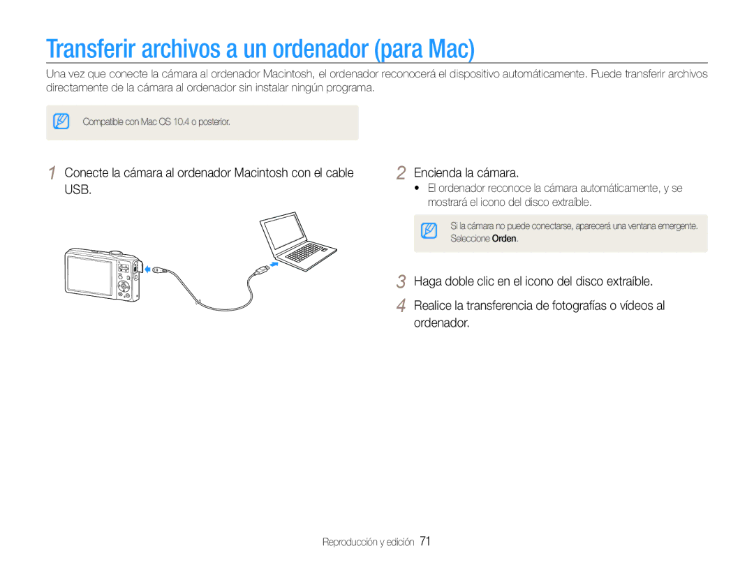 Samsung EC-ES30ZZBABE1, EC-ES30ZZBASE1, EC-ES30ZZBASE3, EC-ES30ZZBABE3 manual Transferir archivos a un ordenador para Mac 