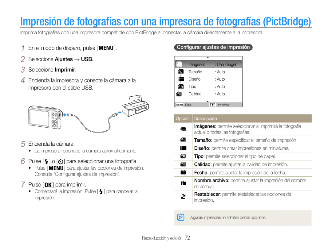 Samsung EC-ES30ZZBASE1 Impresora con el cable USB Encienda la cámara, Pulse Para imprimir, Configurar ajustes de impresión 