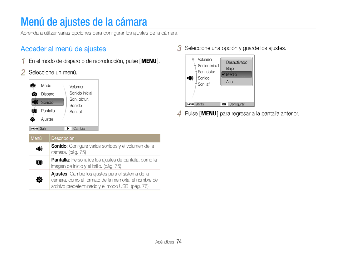 Samsung EC-ES30ZZBABE3 Menú de ajustes de la cámara, Acceder al menú de ajustes, Seleccione un menú, Menú Descripción 