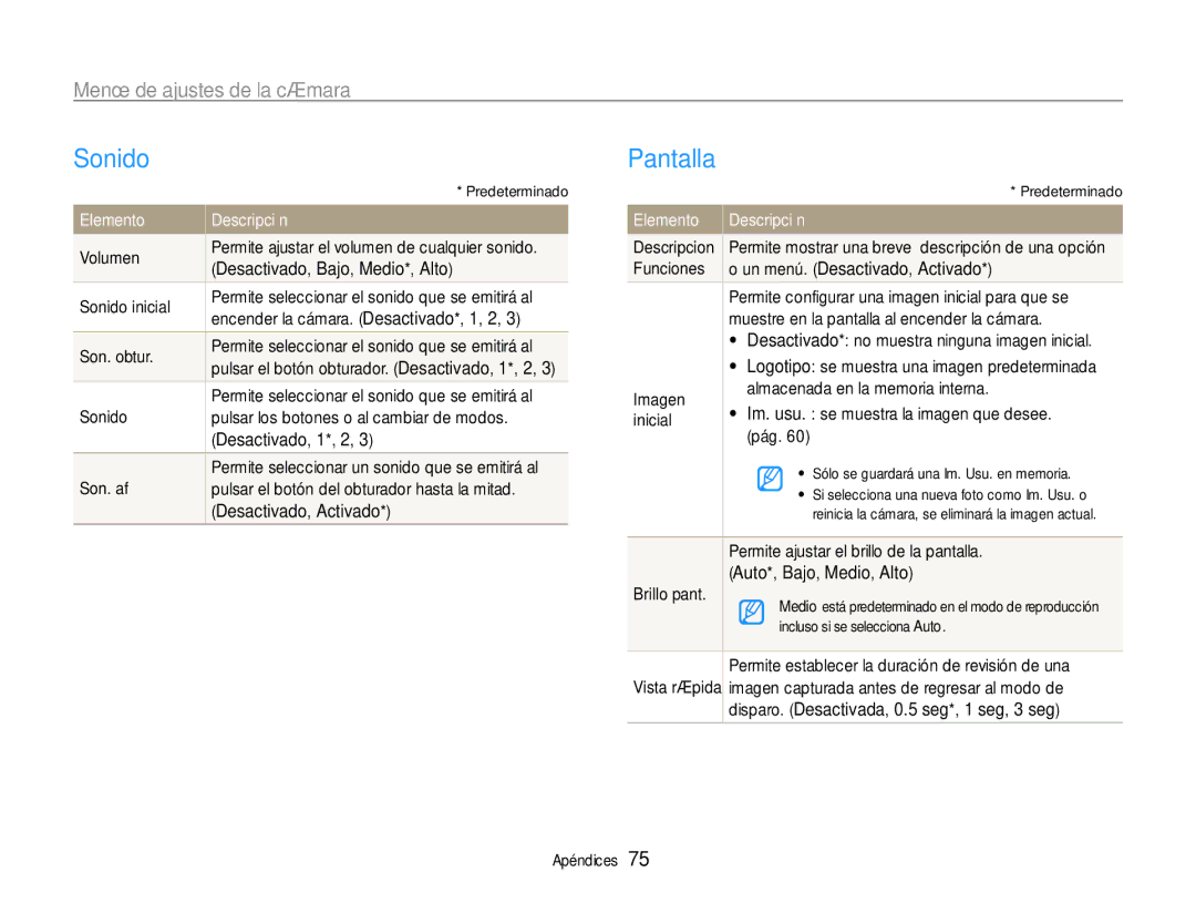 Samsung EC-ES30ZZBABE1, EC-ES30ZZBASE1, EC-ES30ZZBASE3 Sonido, Pantalla, Menú de ajustes de la cámara, Elemento Descripción 