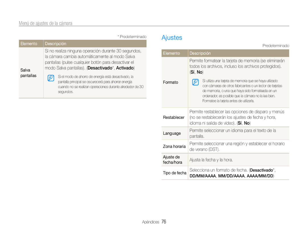 Samsung EC-ES30ZZBASE1, EC-ES30ZZBABE1, EC-ES30ZZBASE3, EC-ES30ZZBABE3 manual Ajustes, Elemento 