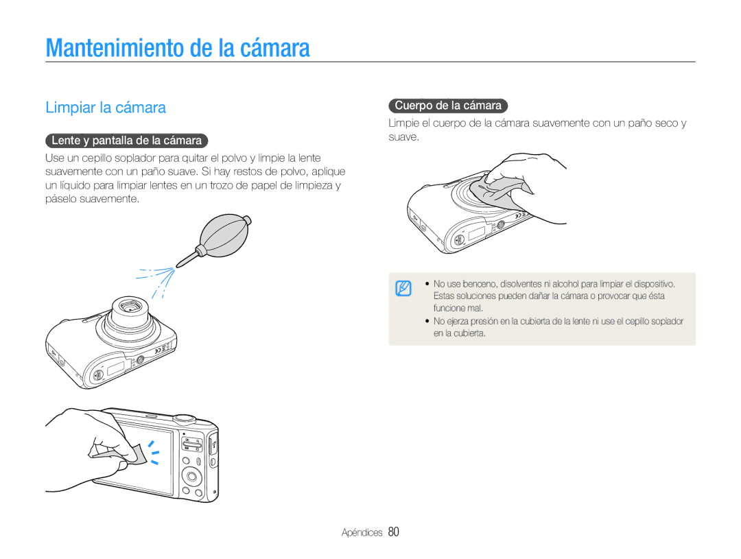 Samsung EC-ES30ZZBASE1 Mantenimiento de la cámara, Limpiar la cámara, Lente y pantalla de la cámara, Cuerpo de la cámara 