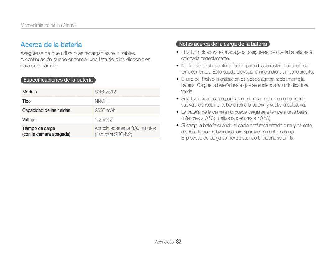 Samsung EC-ES30ZZBABE3 manual Acerca de la batería, Especificaciones de la batería, Notas acerca de la carga de la batería 