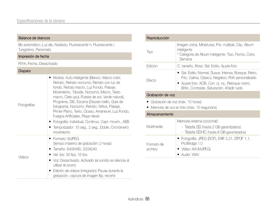 Samsung EC-ES30ZZBASE1, EC-ES30ZZBABE1, EC-ES30ZZBASE3, EC-ES30ZZBABE3 manual Especificaciones de la cámara 