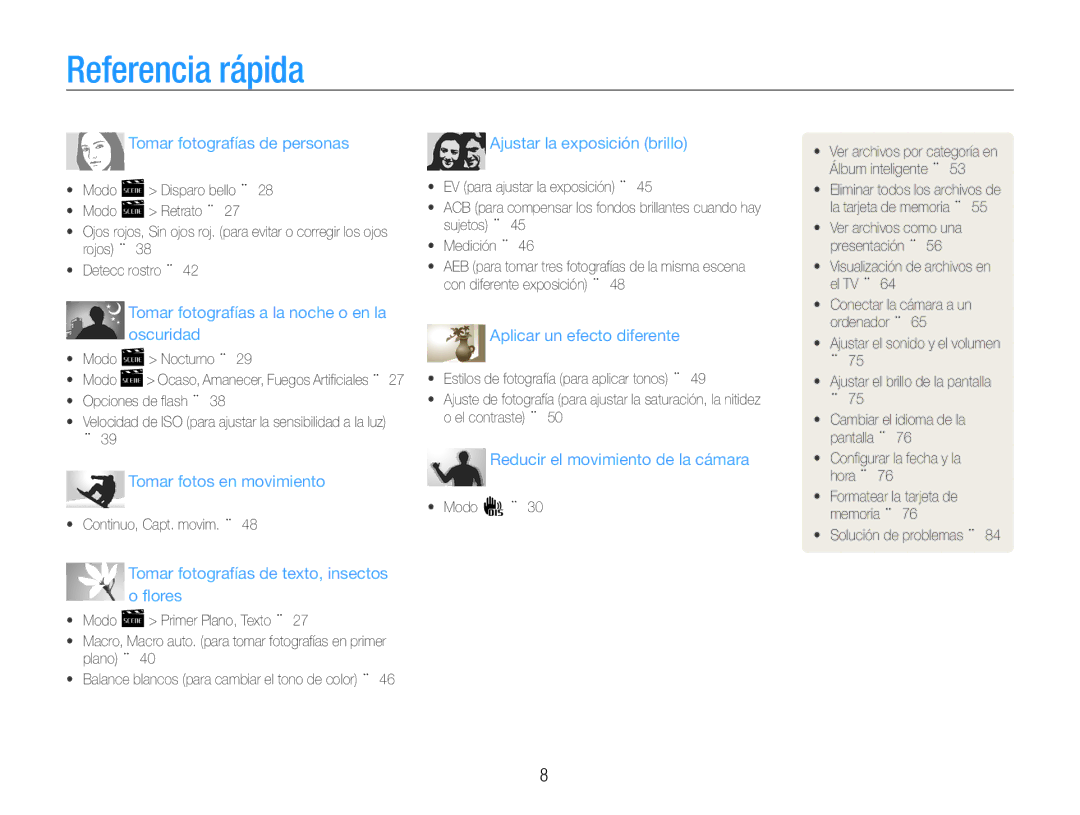 Samsung EC-ES30ZZBASE1, EC-ES30ZZBABE1, EC-ES30ZZBASE3, EC-ES30ZZBABE3 manual Referencia rápida, Tomar fotografías de personas 