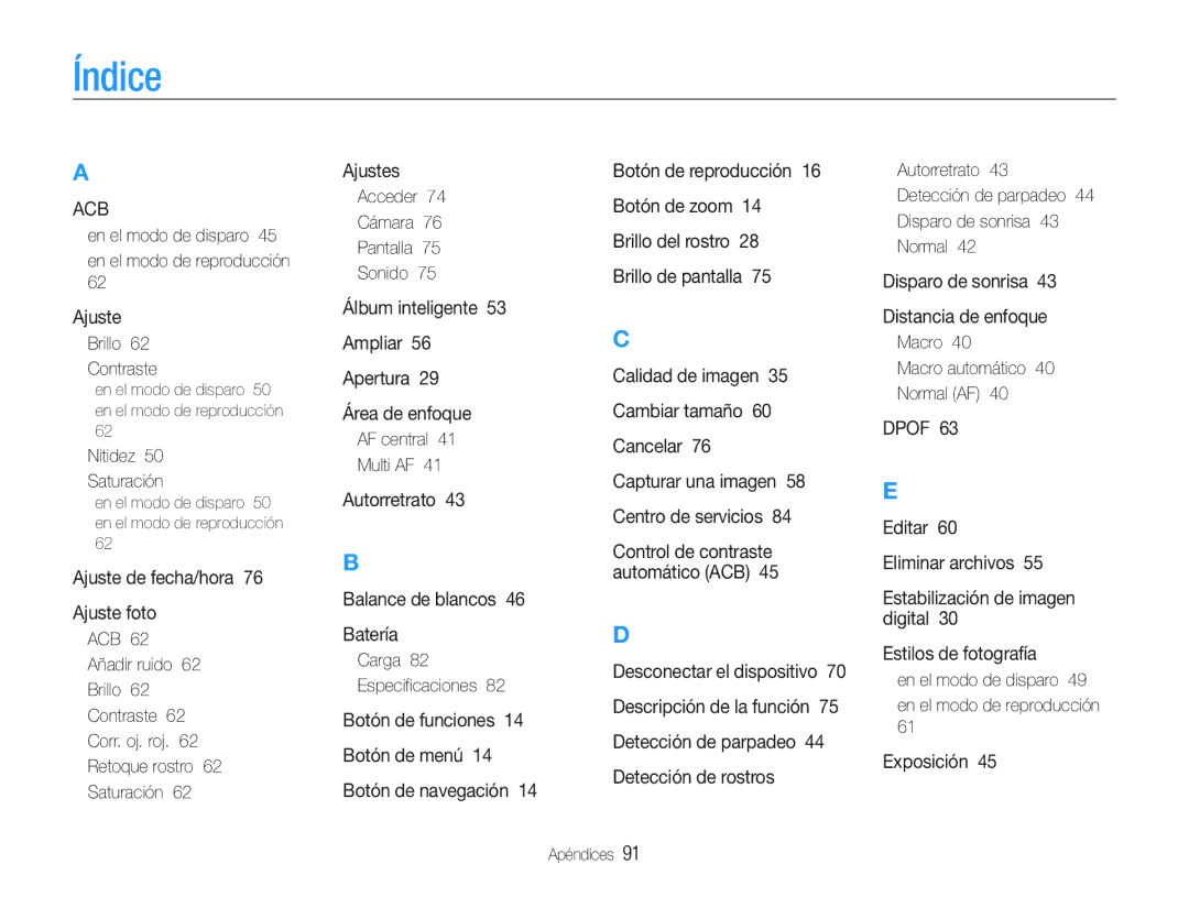 Samsung EC-ES30ZZBABE1, EC-ES30ZZBASE1, EC-ES30ZZBASE3, EC-ES30ZZBABE3 manual Índice 