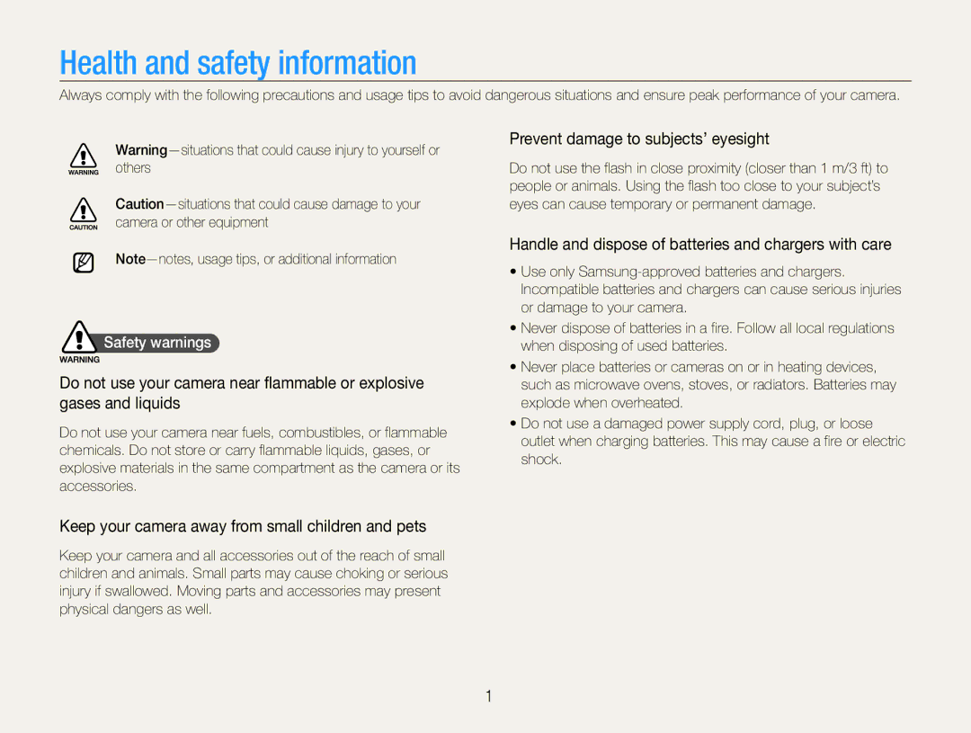 Samsung EC-ES30ZZBAPE1 manual Health and safety information, Prevent damage to subjects’ eyesight, Safety warnings 