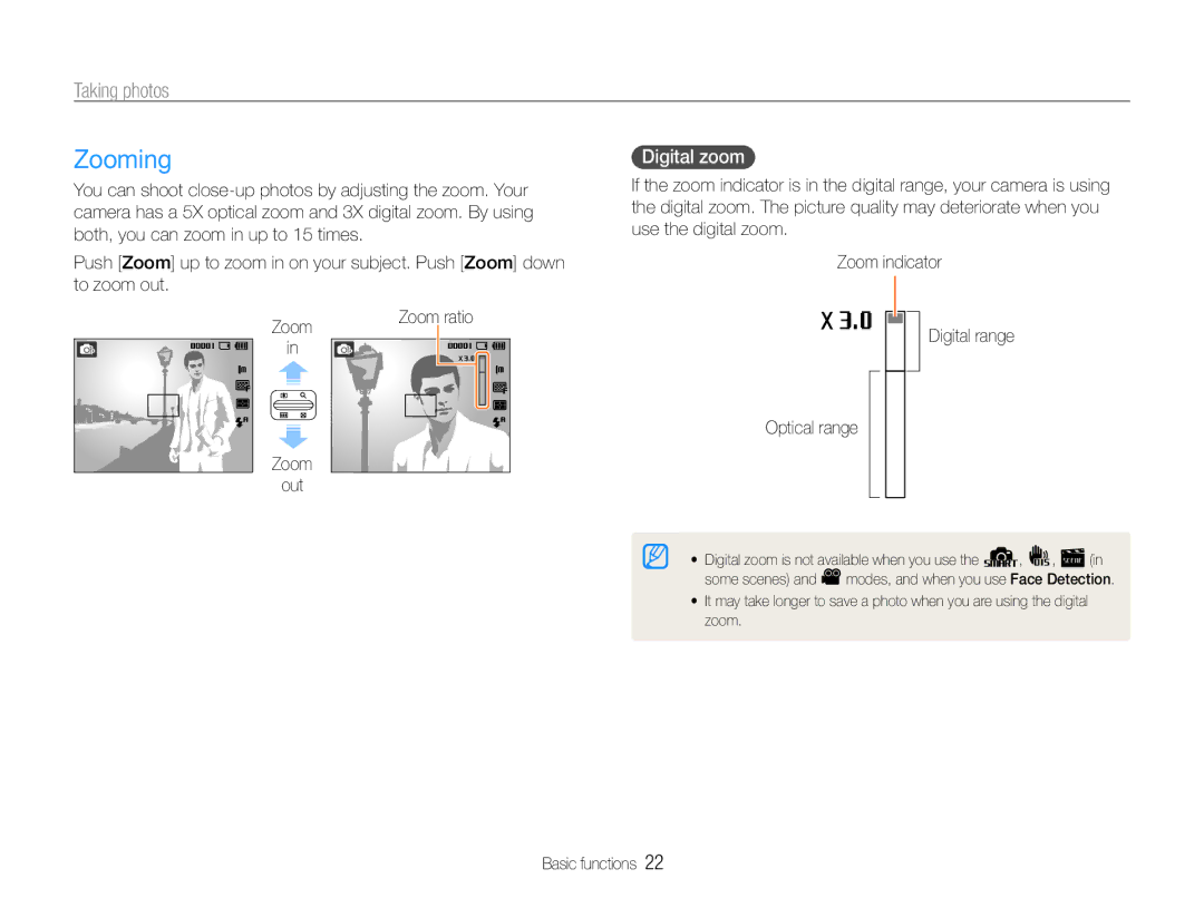Samsung EC-ES30ZZBASE2, EC-ES30ZZBABE1, EC-ES30ZZBASZA, EC-ES30ZZBAPE1, EC-ES30ZZBABZA Zooming, Taking photos, Digital zoom 