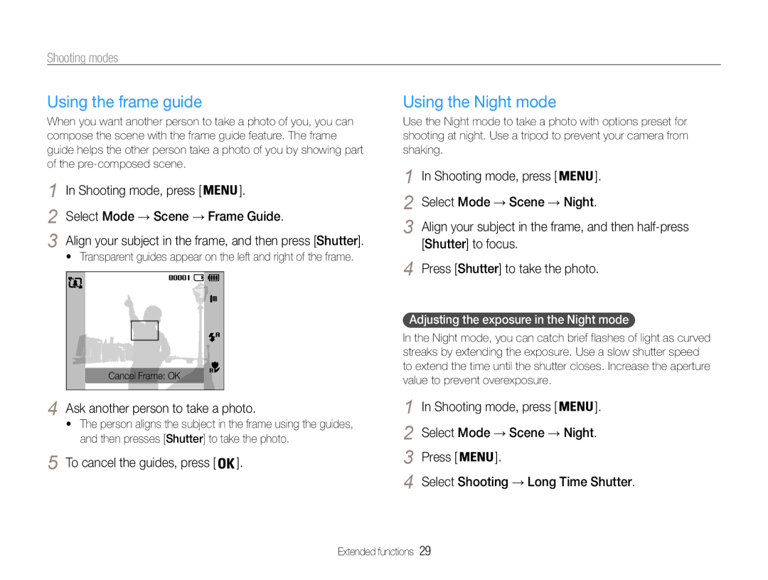 Samsung EC-ES30ZZBASZA, EC-ES30ZZBABE1, EC-ES30ZZBAPE1, EC-ES30ZZBABZA manual Using the frame guide, Using the Night mode 