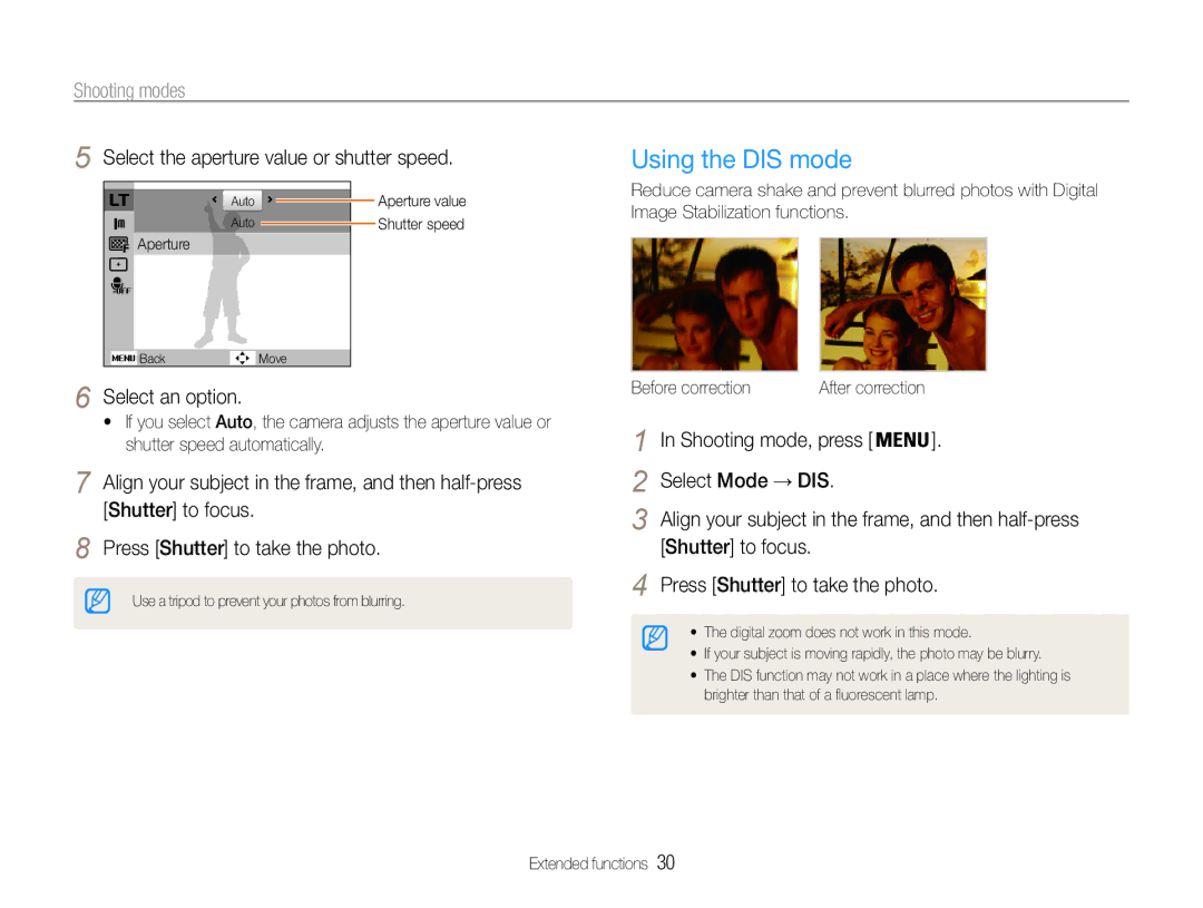 Samsung EC-ES30ZZBAPE1 Using the DIS mode, Select the aperture value or shutter speed, Select an option, Before correction 