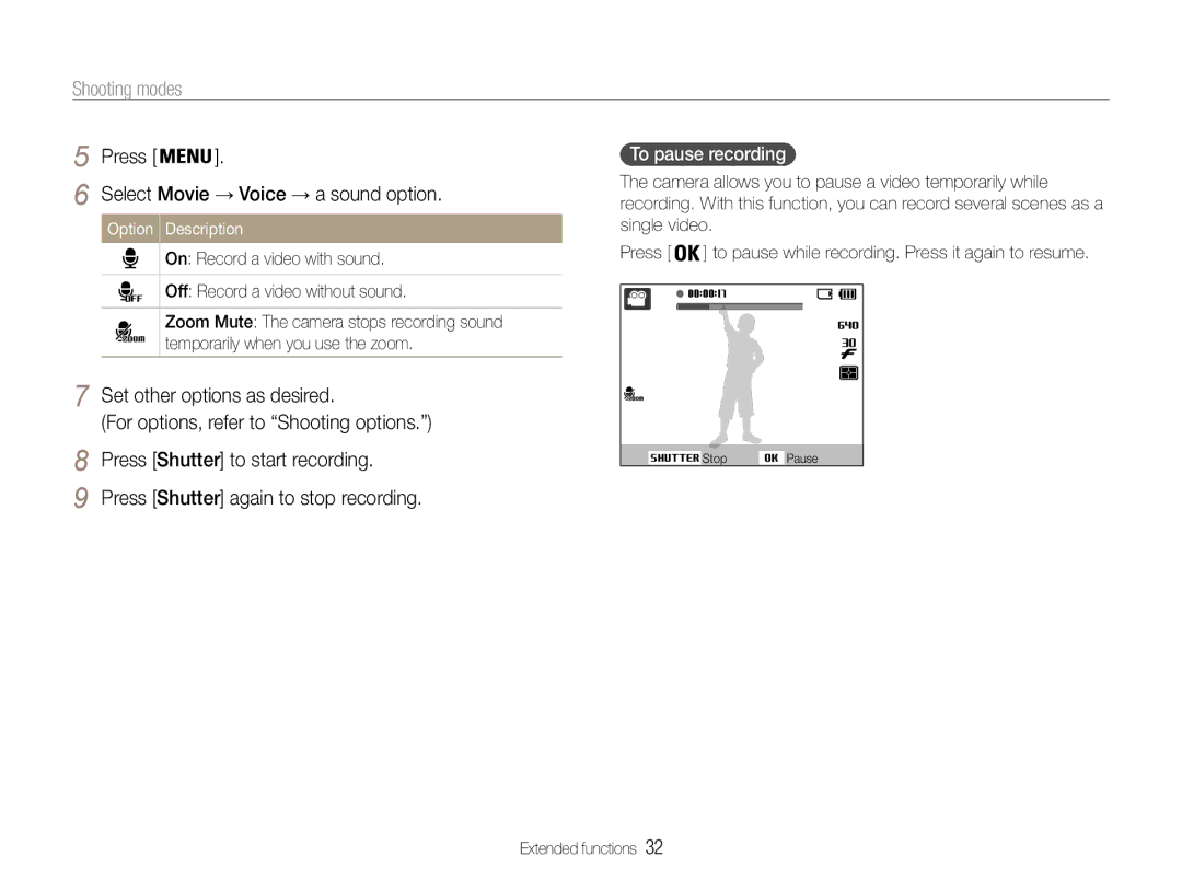 Samsung EC-ES30ZZBASGB, EC-ES30ZZBABE1 manual To pause recording, Select Movie → Voice → a sound option, Option Description 