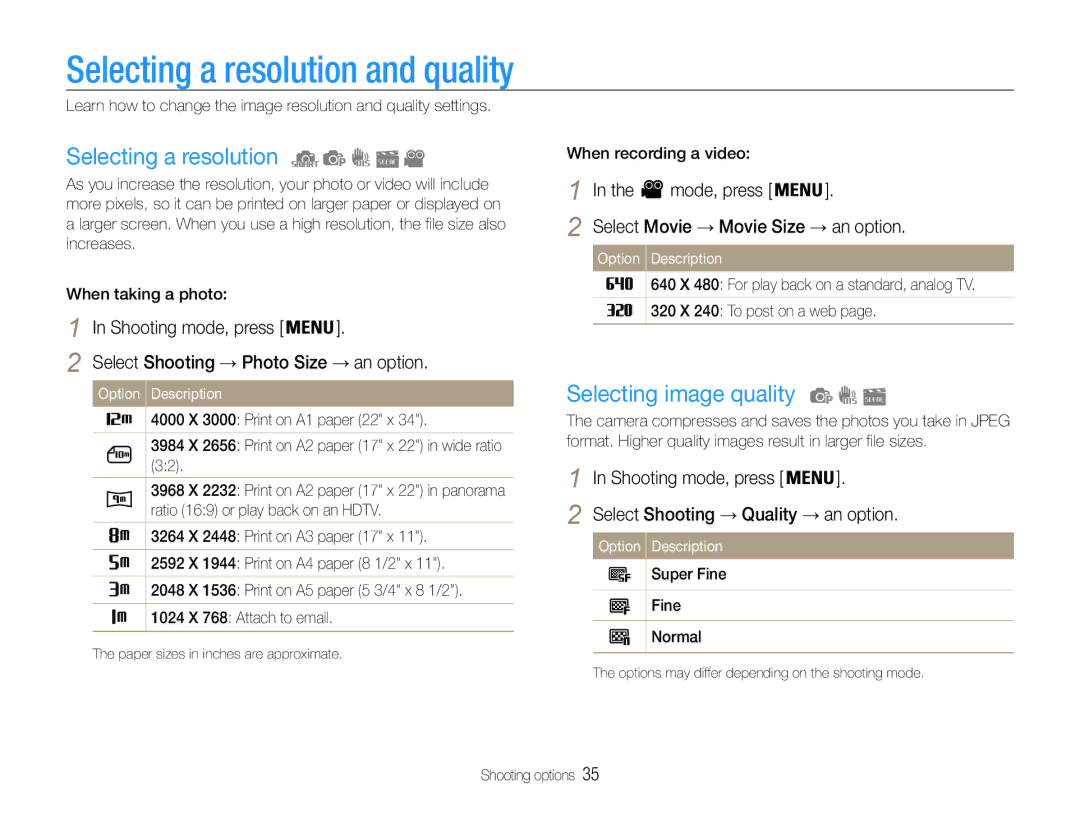 Samsung EC-ES30ZZBABE3, EC-ES30ZZBABE1 manual Selecting a resolution and quality, Selecting image quality, Mode, press 