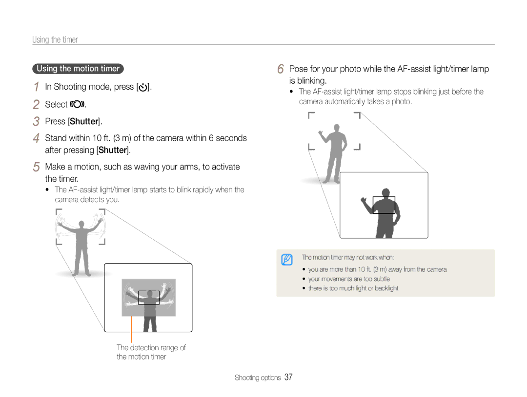 Samsung EC-ES30ZZBAPIL manual Using the timer, Select Press Shutter, After pressing Shutter, Using the motion timer 