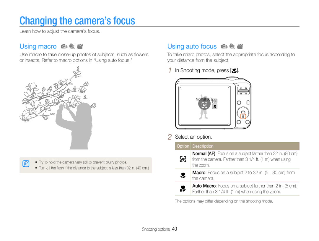 Samsung EC-ES30ZZBABIL Changing the camera’s focus, Using macro, Using auto focus, Learn how to adjust the cameras focus 