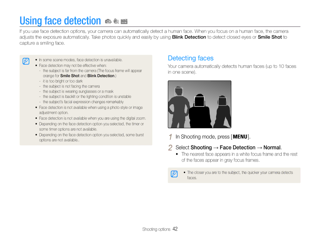 Samsung EC-ES30ZZBASSA, EC-ES30ZZBABE1 Using face detection, Detecting faces, Select Shooting → Face Detection → Normal 