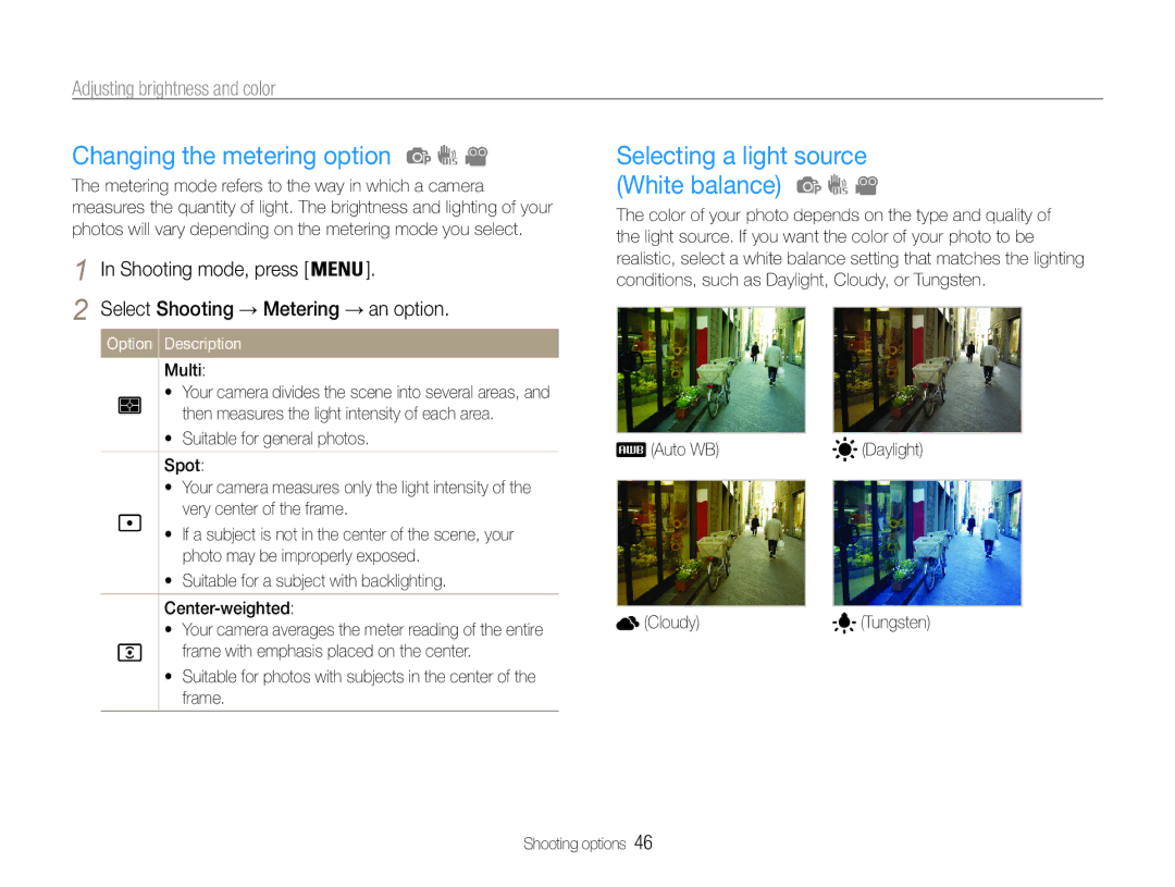 Samsung EC-ES30ZZBASIL, EC-ES30ZZBABE1 manual Changing the metering option, Selecting a light source White balance, Multi 