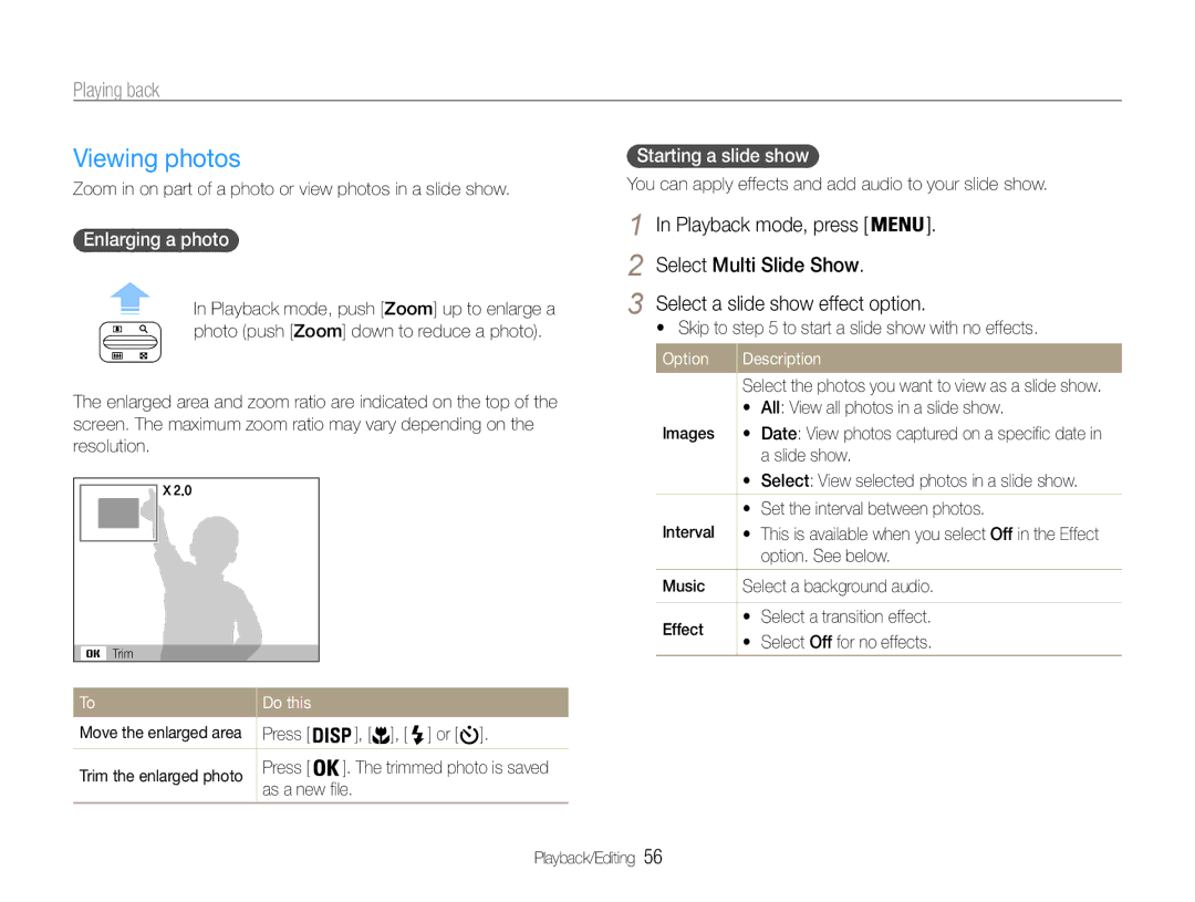 Samsung EC-ES30ZZBASRU, EC-ES30ZZBABE1, EC-ES30ZZBASZA Viewing photos, Starting a slide show, Enlarging a photo, Do this 