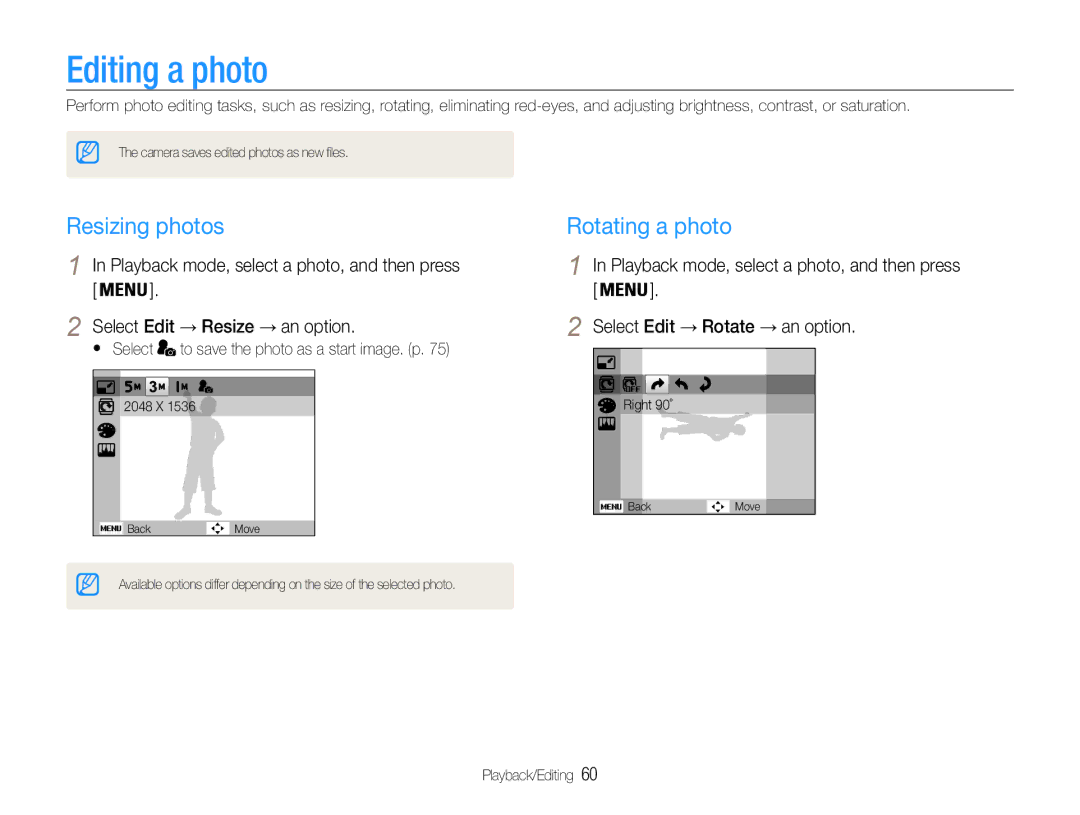 Samsung EC-ES30ZZBABZA, EC-ES30ZZBABE1, EC-ES30ZZBASZA, EC-ES30ZZBAPE1 Editing a photo, Resizing photos, Rotating a photo 