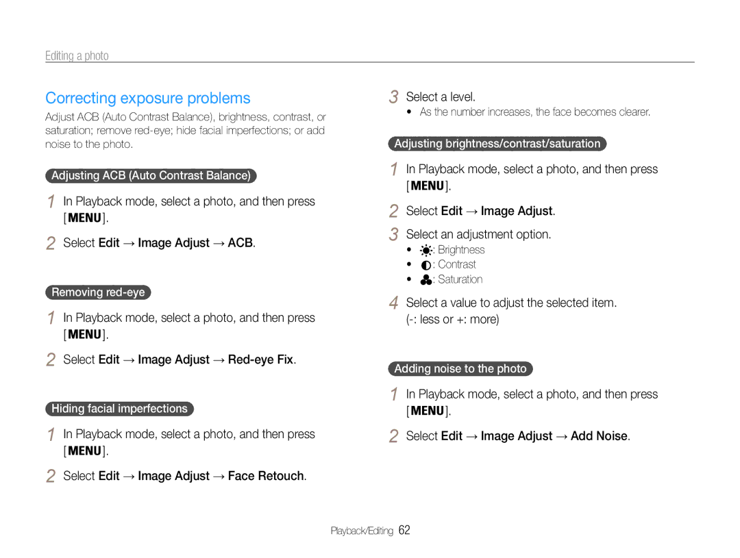 Samsung EC-ES30ZZBASE1 manual Correcting exposure problems, Select a value to adjust the selected item. less or + more 