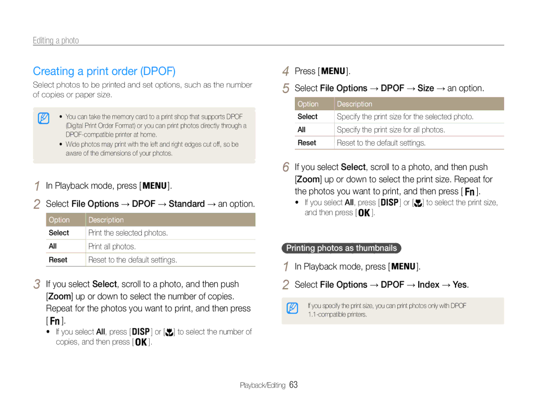 Samsung EC-ES30ZZBASE3 Creating a print order Dpof, Playback mode, press, Select File Options → Dpof → Size → an option 