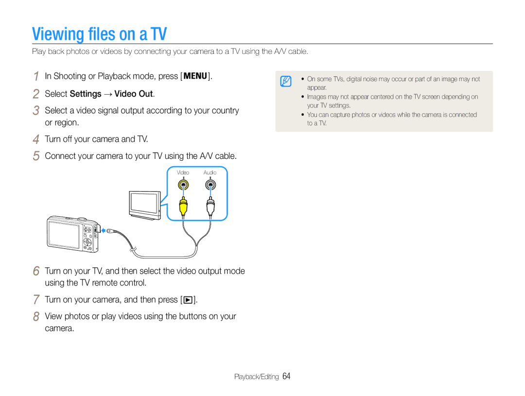 Samsung EC-ES30ZZBABE3, EC-ES30ZZBABE1 Viewing files on a TV, Camera, View photos or play videos using the buttons on your 