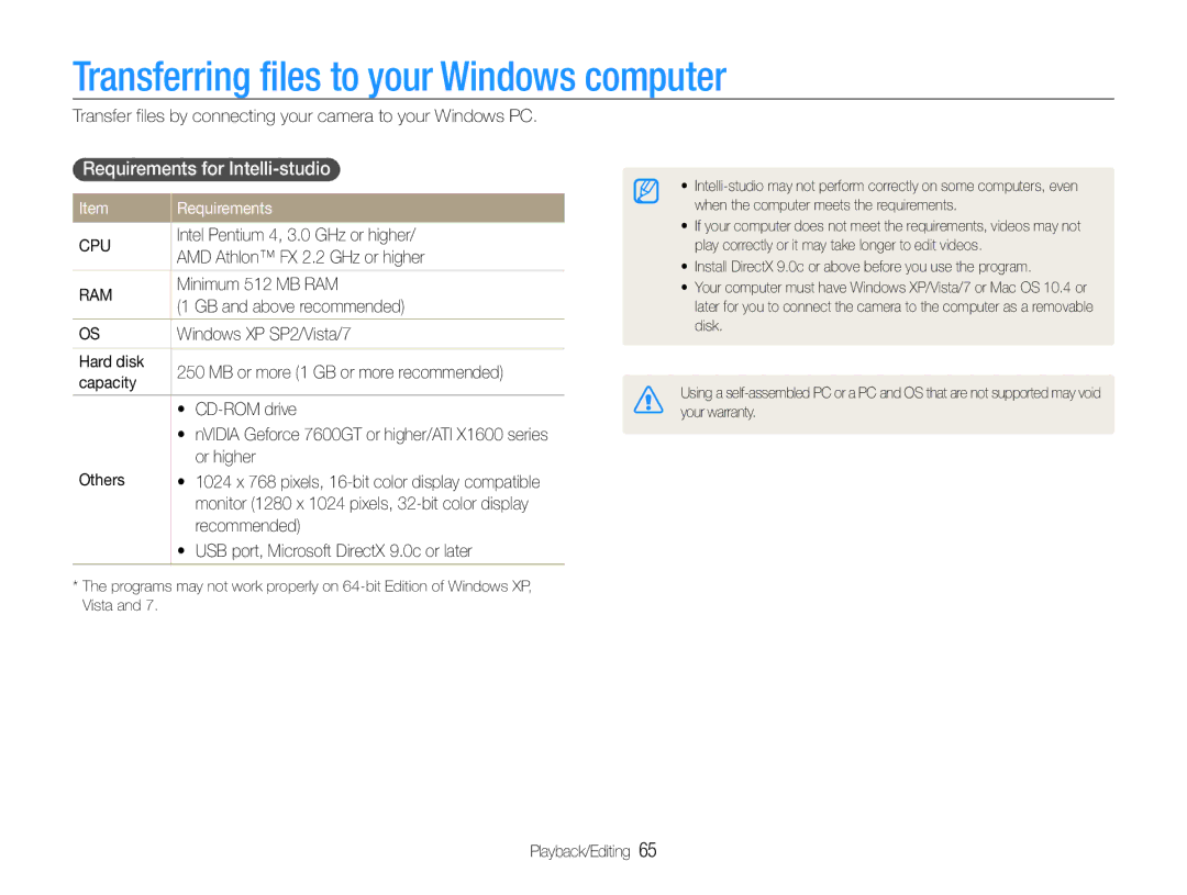 Samsung EC-ES30ZZDAPIR, EC-ES30ZZBABE1 manual Transferring files to your Windows computer, Requirements for Intelli-studio 